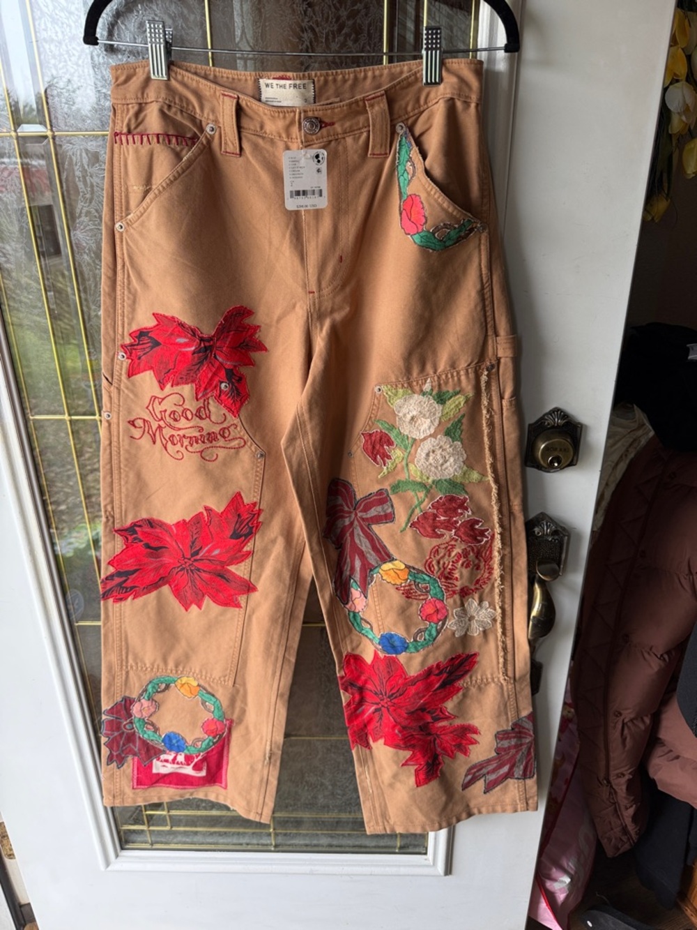 We The Free Tan Patchwork Cargo Pants with Red Floral Appliqués Sz 2 NWT